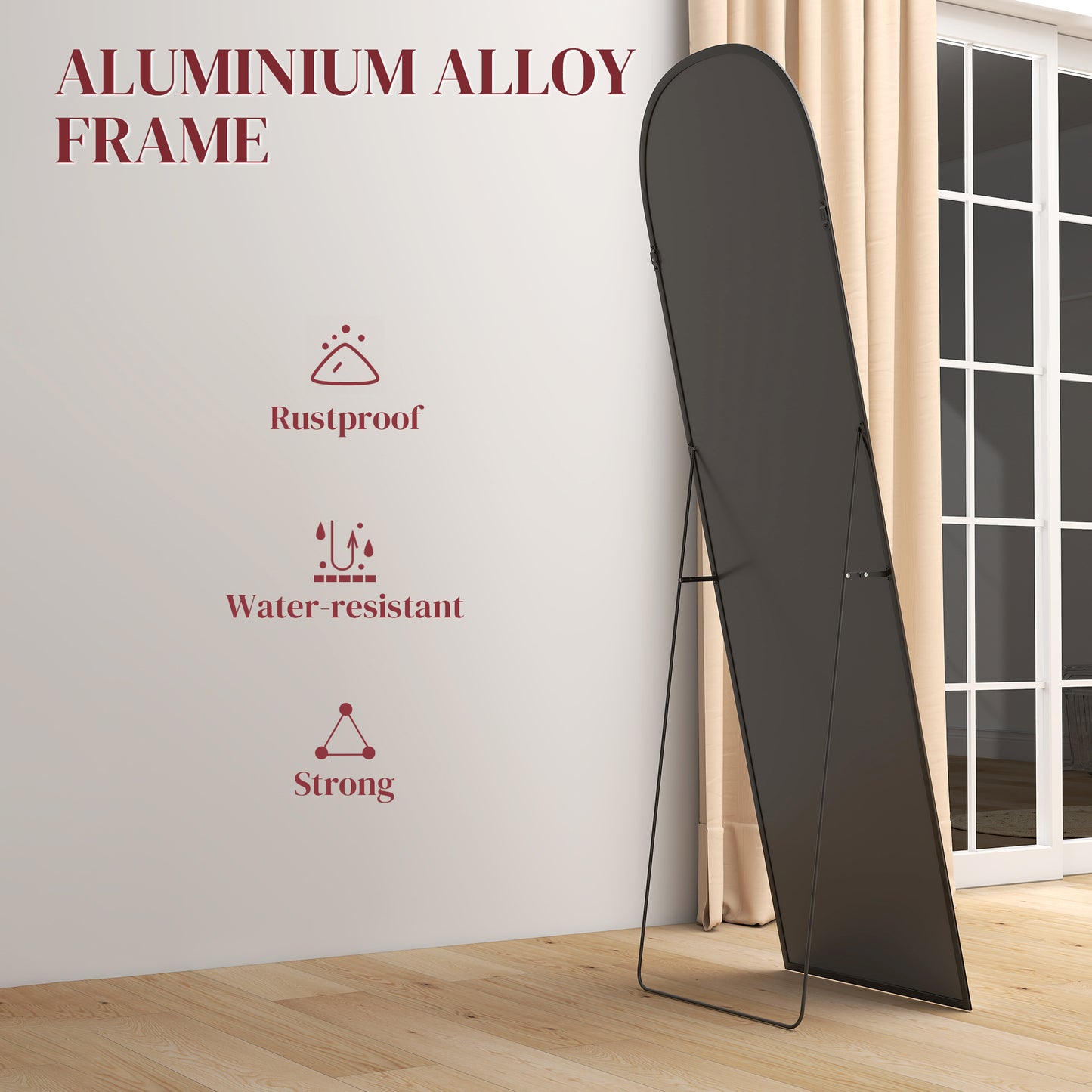 Full Length Mirror with Aluminium Alloy Frame Hanging or Leaning Black