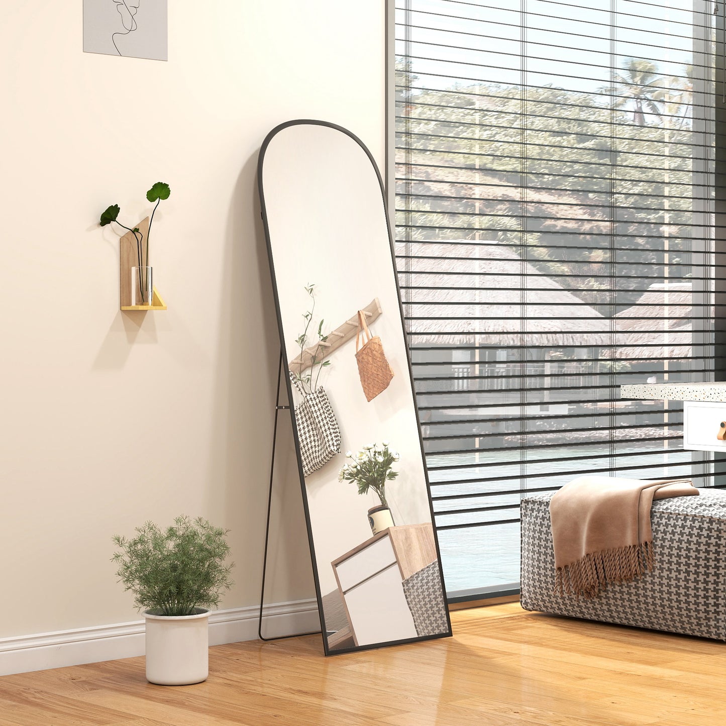 Full Length Mirror with Aluminium Alloy Frame Hanging or Leaning Black