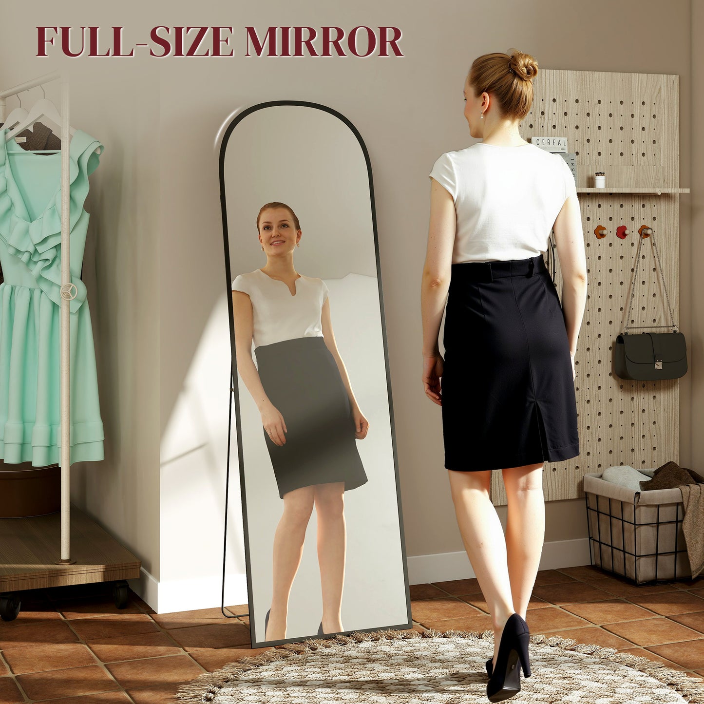 Full Length Mirror with Aluminium Alloy Frame Hanging or Leaning Black