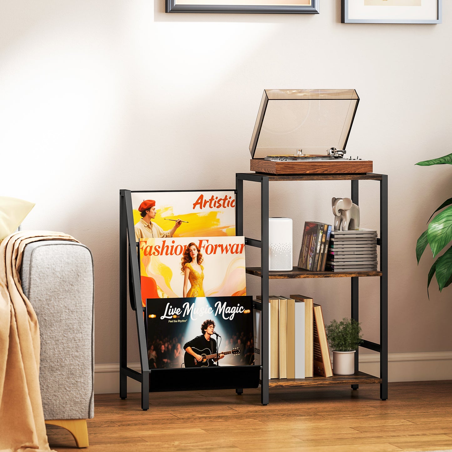 Record Player Stand, 3-Tier Side Table with Vinyl Record Storage