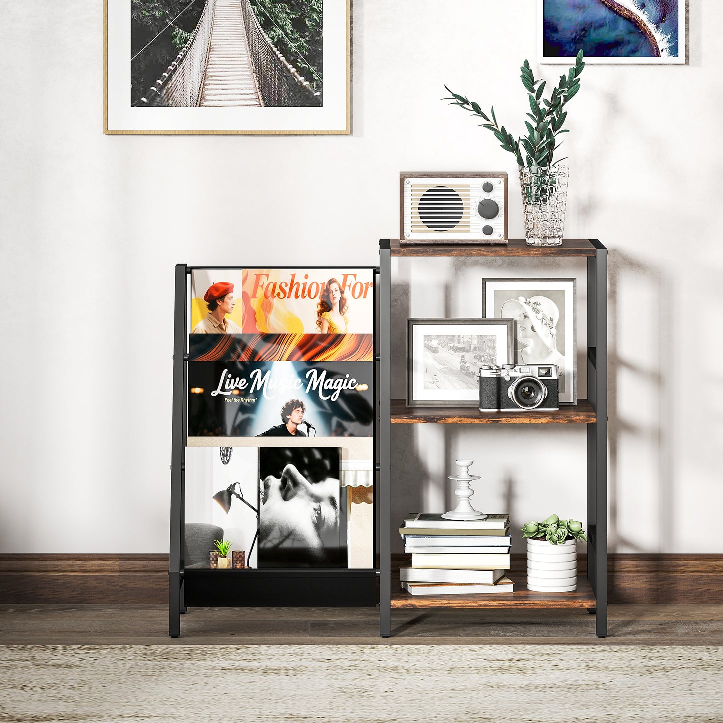 Record Player Stand, 3-Tier Side Table with Vinyl Record Storage