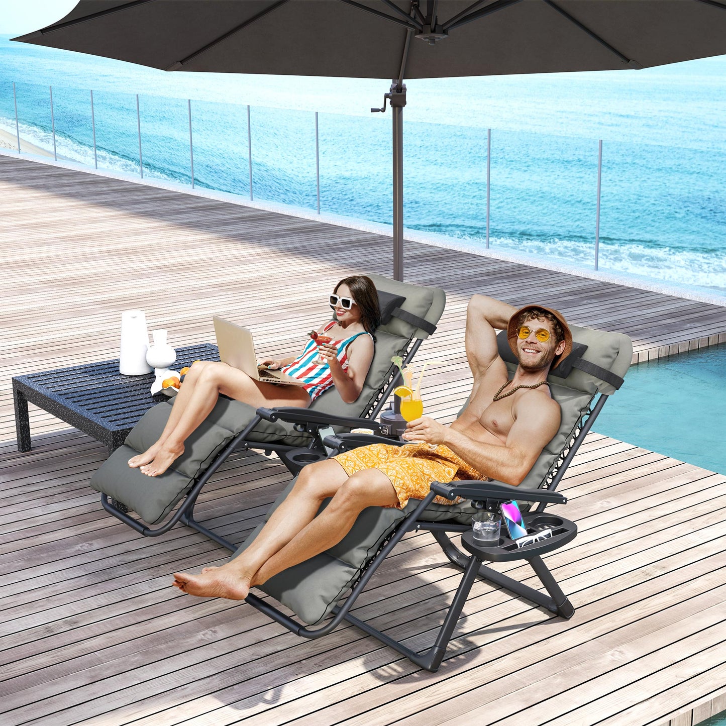 2 Pieces Zero Gravity Chairs, Reclining Folding Sun Lounger, Grey