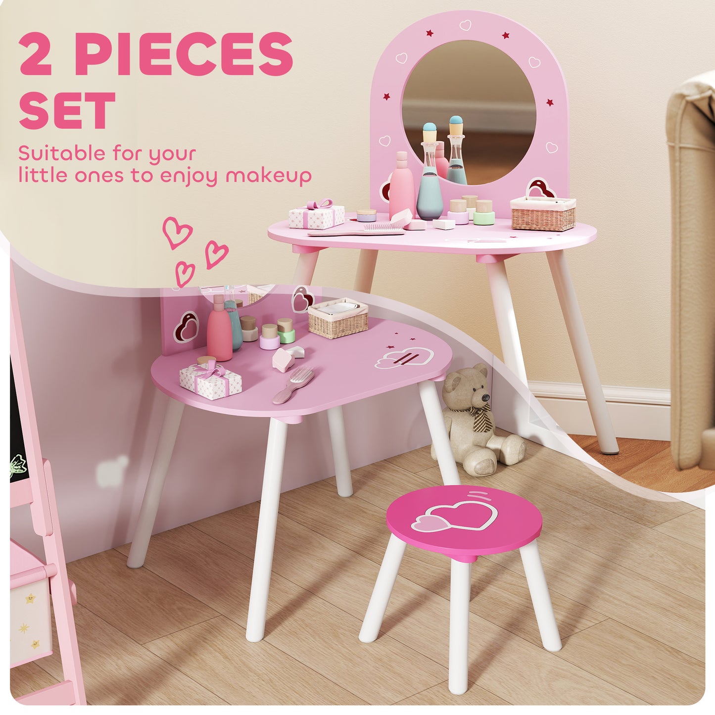 Kids Dressing Table with Mirror and Stool, Girls Vanity Set, Pink