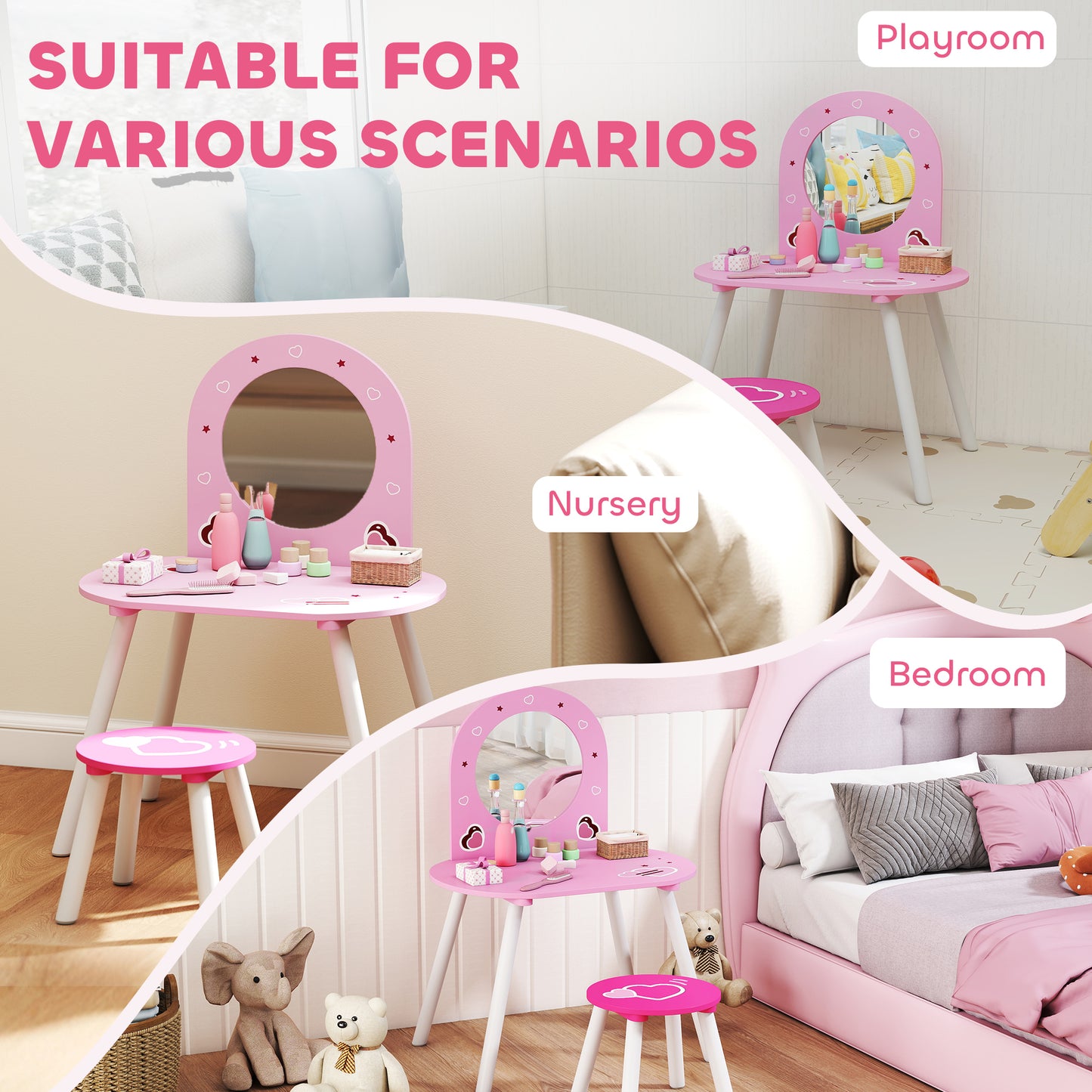 Kids Dressing Table with Mirror and Stool, Girls Vanity Set, Pink