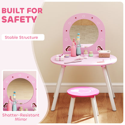 Kids Dressing Table with Mirror and Stool, Girls Vanity Set, Pink