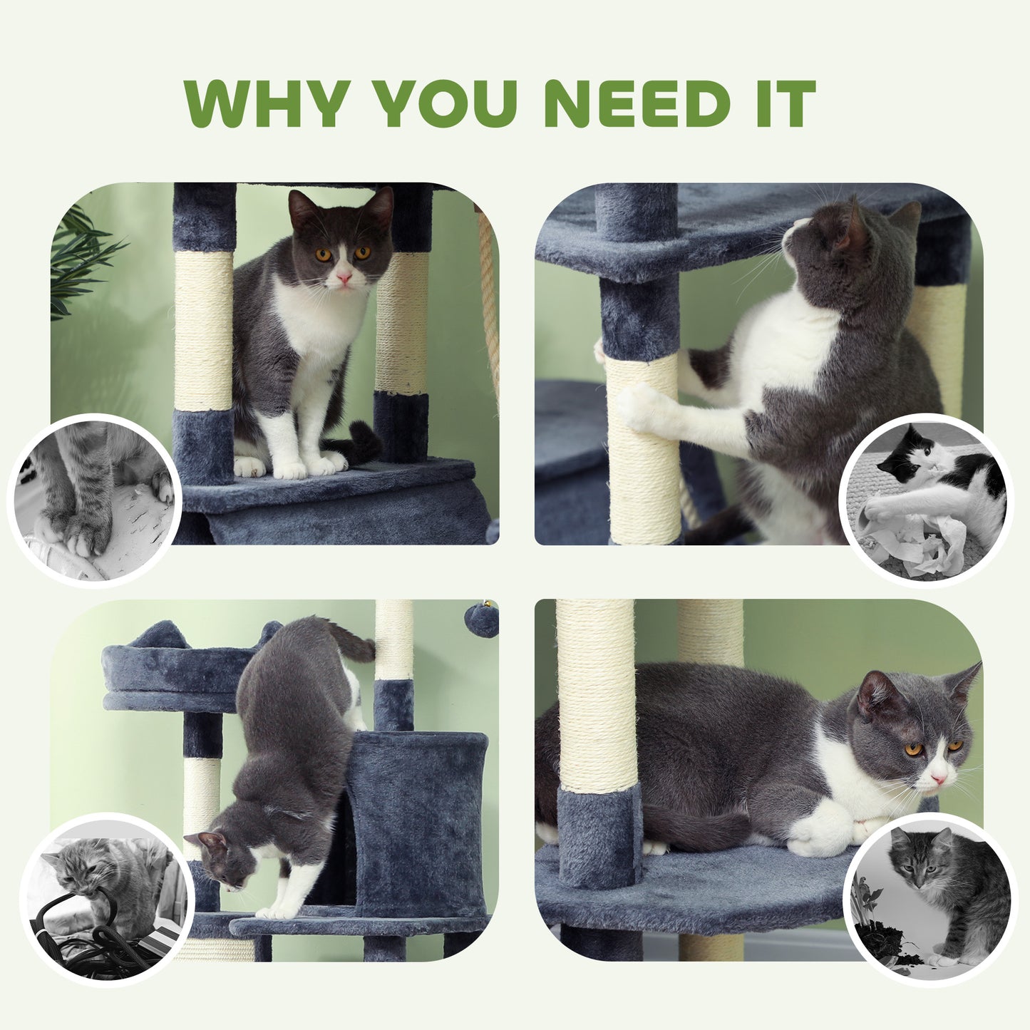206cm Cat Tree with Scratching Posts, Beds, Condos, Toys, Dark Grey