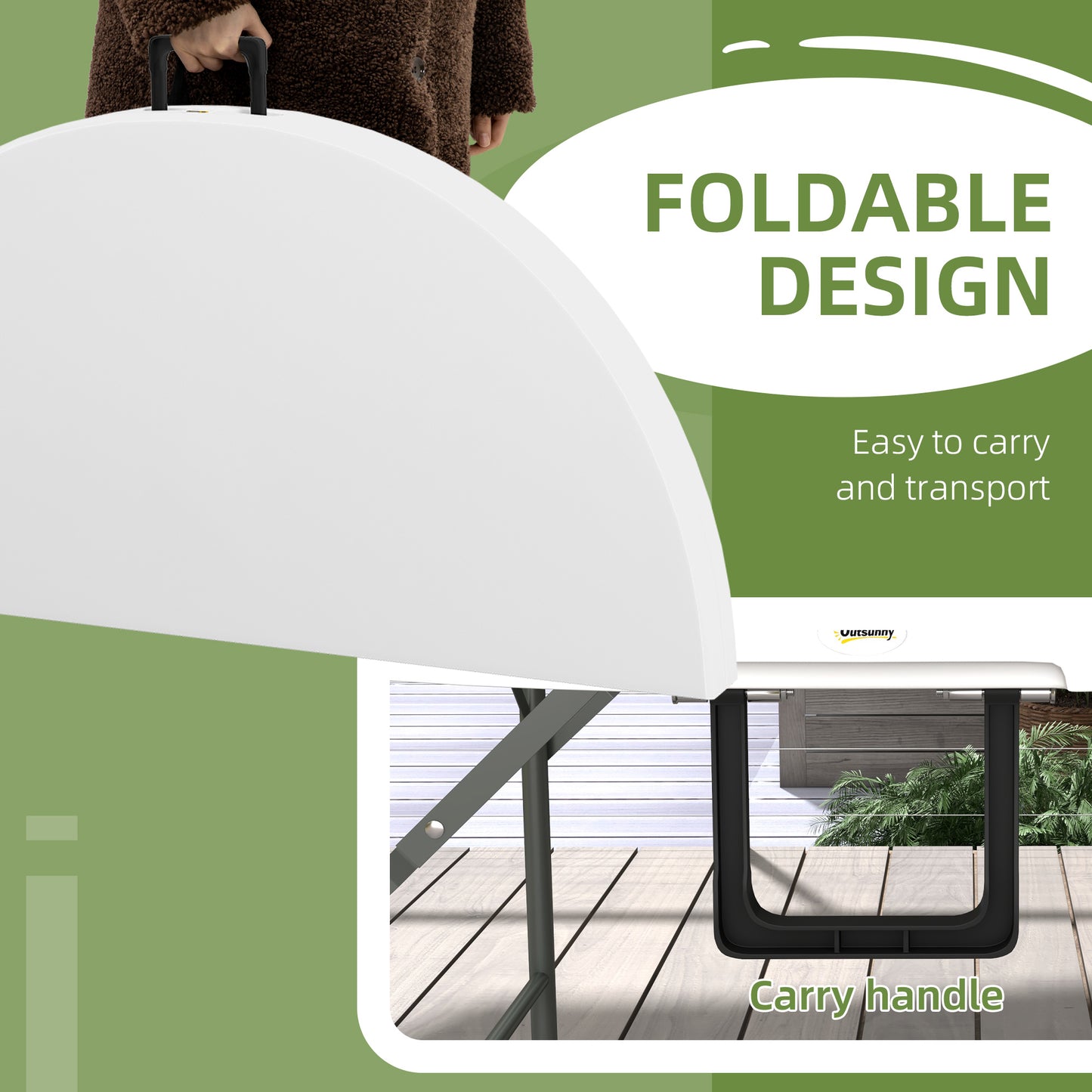 Folding Garden Outdoor Table For 6 - With Metal Frame, White