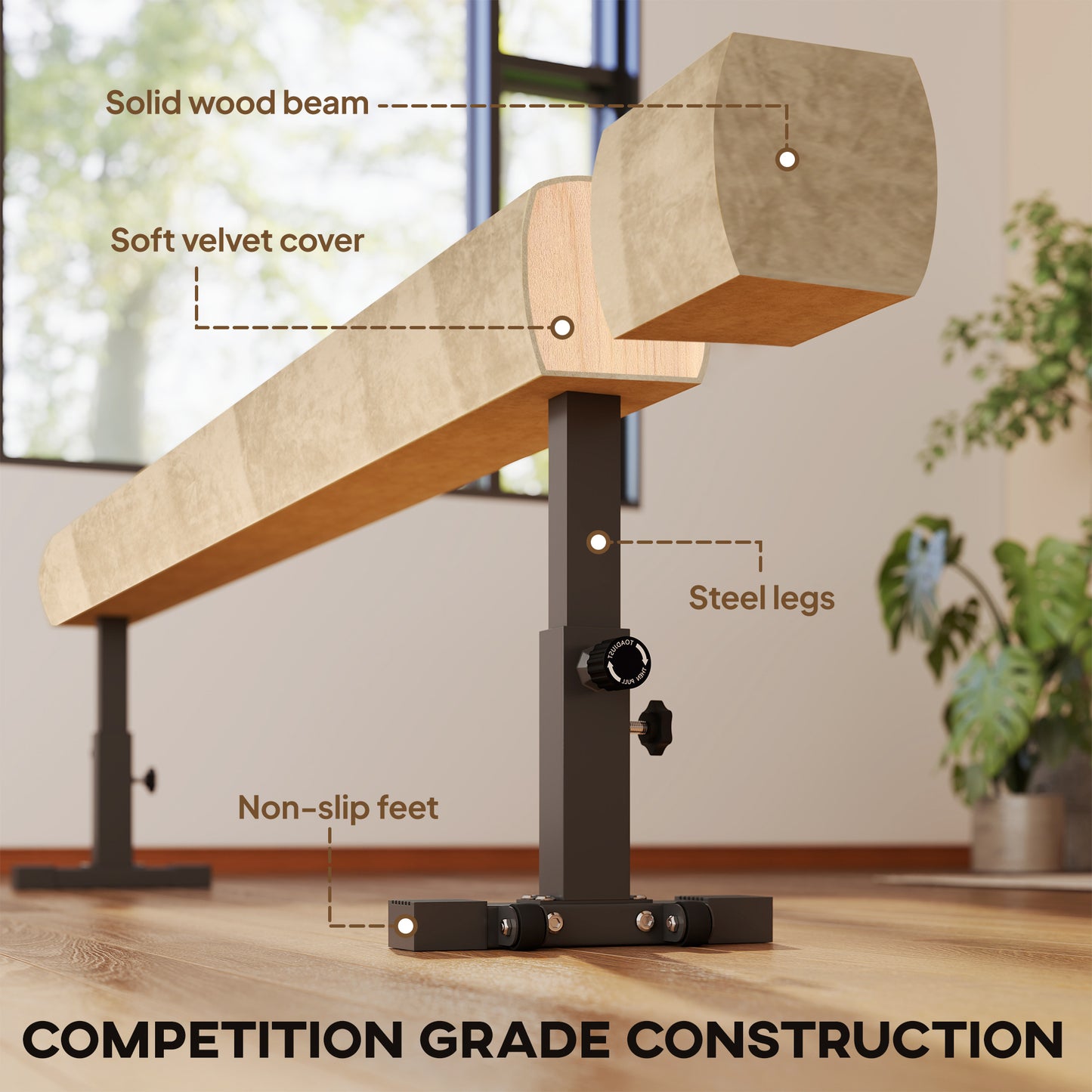 Adjustable Balance Beam Gymnastics Beam with Wheels for 6+ Years