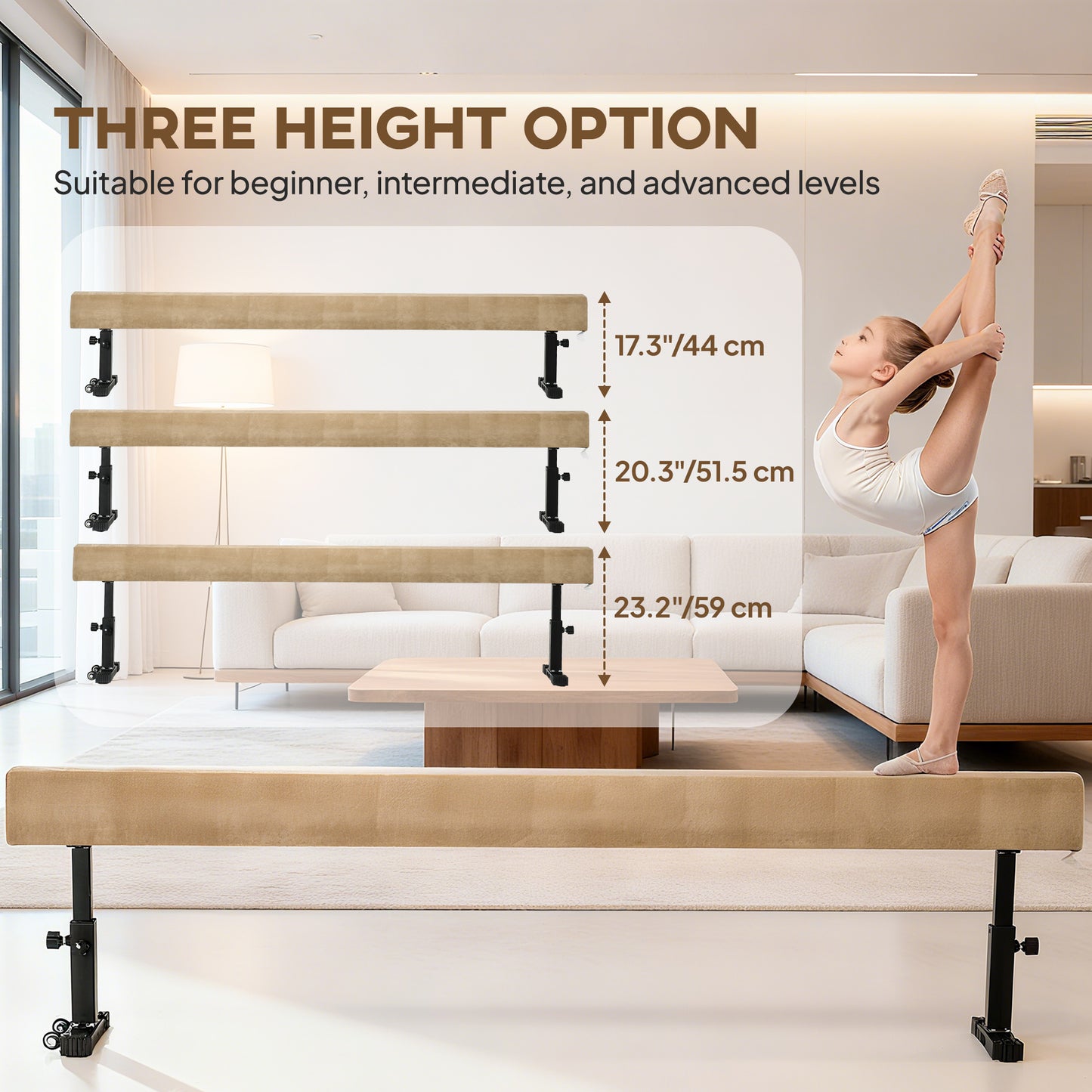 Adjustable Balance Beam Gymnastics Beam with Wheels for 6+ Years