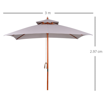 3(m) Wood Square Umbrella Garden Market Parasol Sunshade Grey