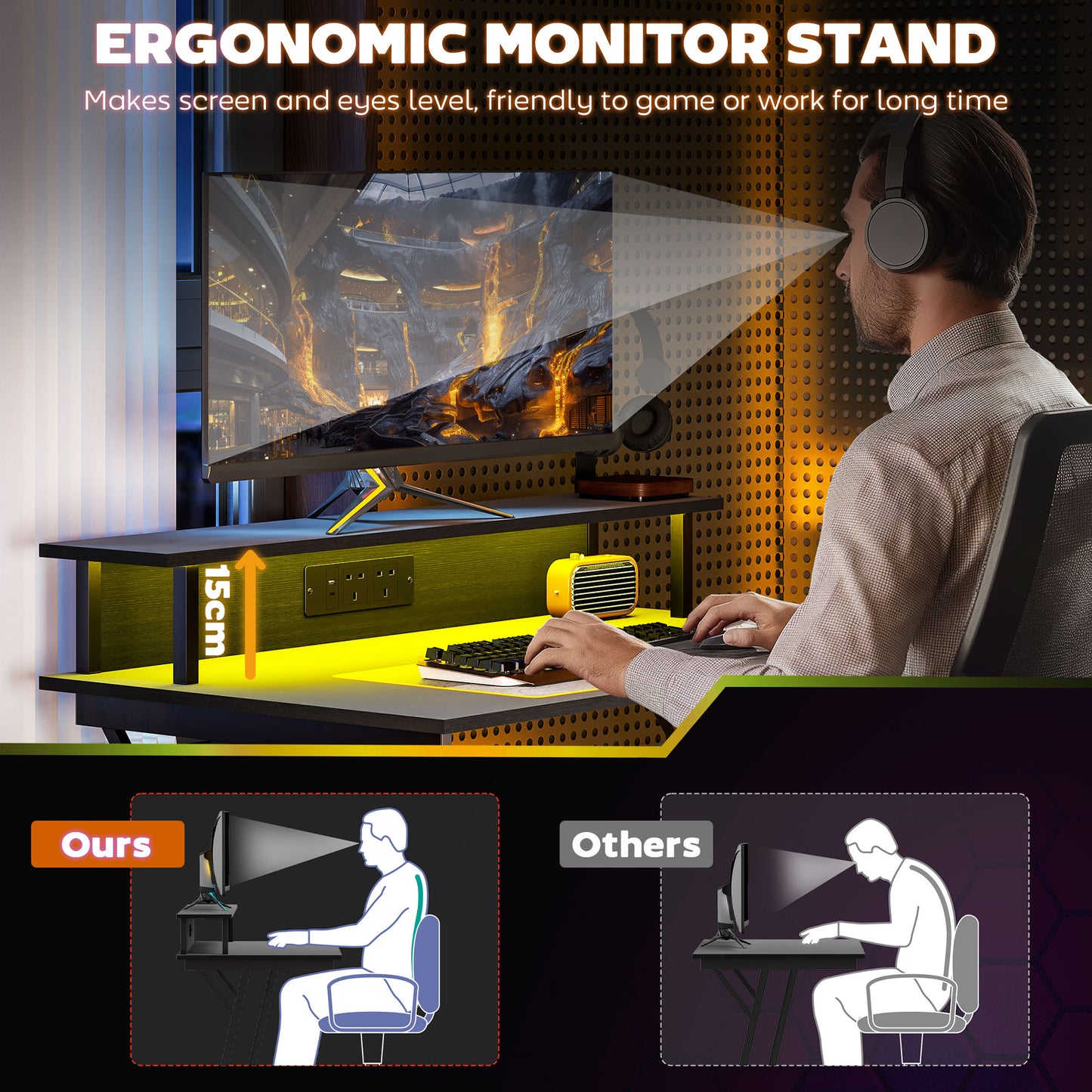 LED Gaming Desk with Power Outlets and Monitor Stand 100 x 60cm Black