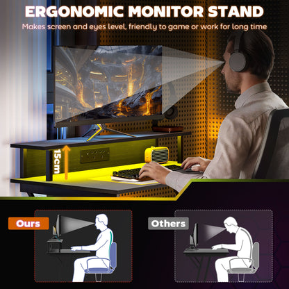 LED Gaming Desk with Power Outlets and Monitor Stand 100 x 60cm Black