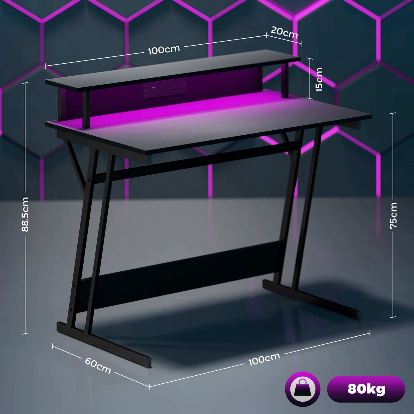 LED Gaming Desk with Power Outlets and Monitor Stand 100 x 60cm Black