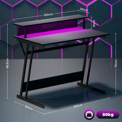 LED Gaming Desk with Power Outlets and Monitor Stand 100 x 60cm Black
