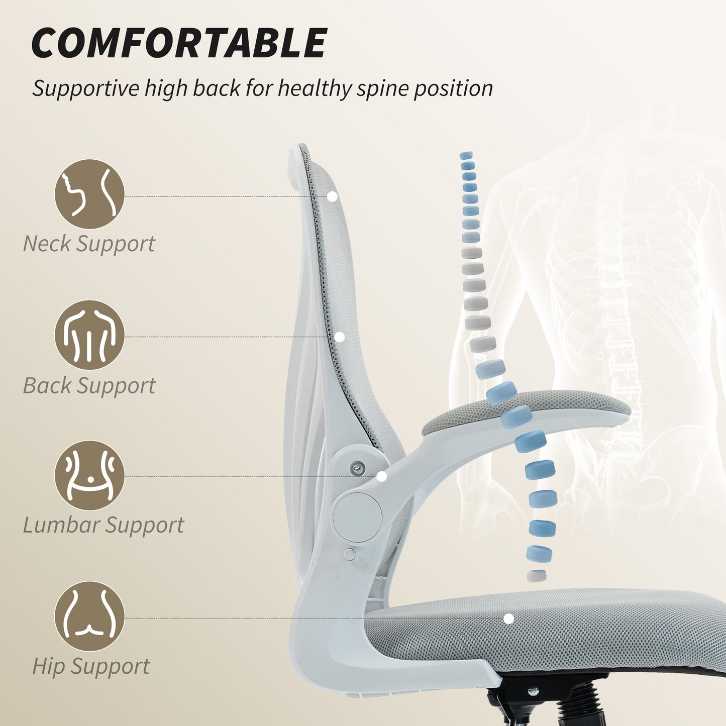 Mesh Office Chair, Computer Chair with Foldable Backrest, Grey