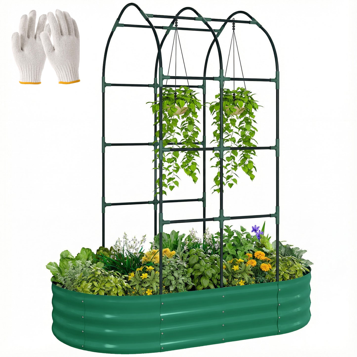 5 x 3 x 6ft Galvanised Raised Garden Bed with Trellis, Green