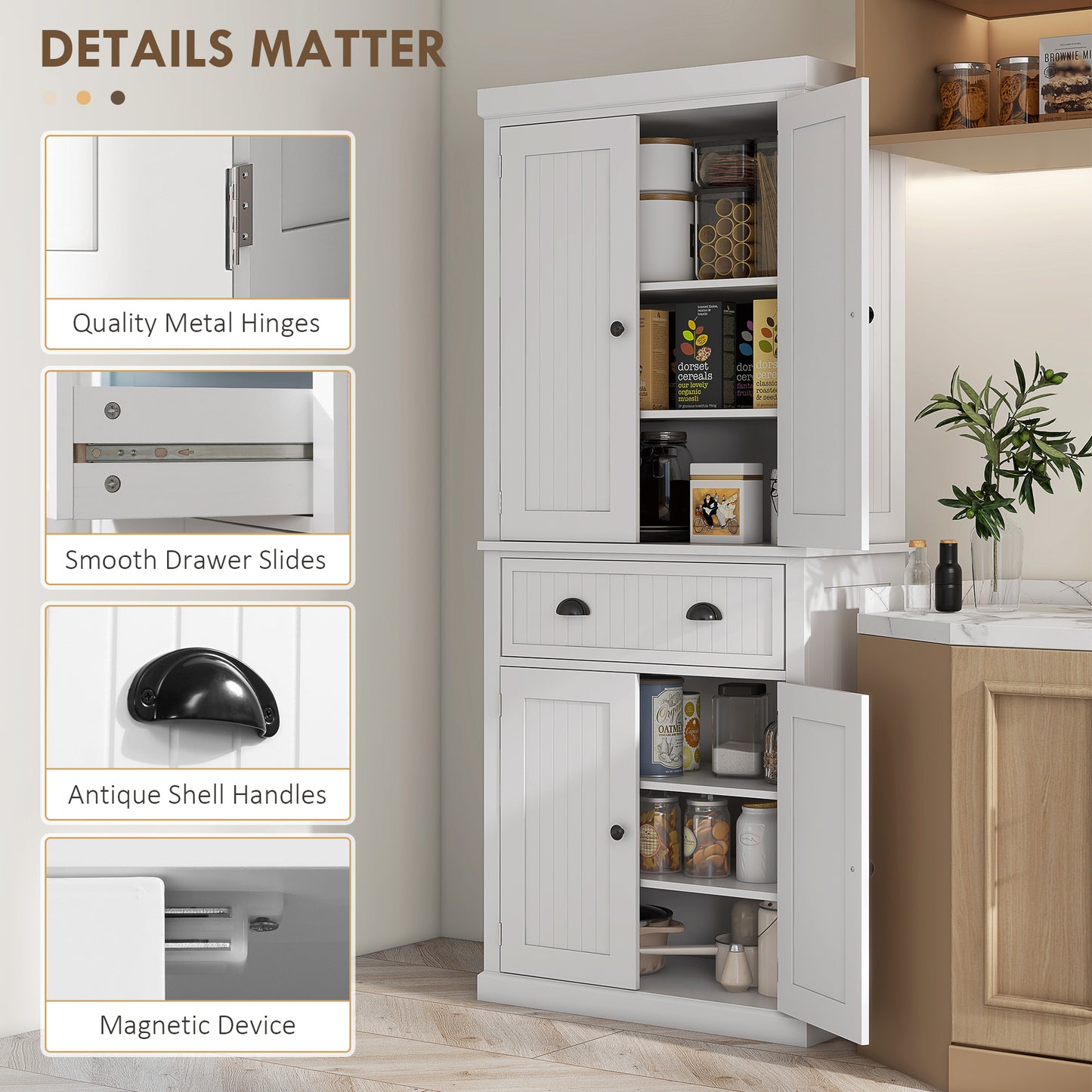 Freestanding Kitchen Storage Cabinet with Drawers and Shelves White