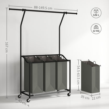 126L Laundry Sorter, Laundry Basket with 3-Bag Organiser, Dark Grey