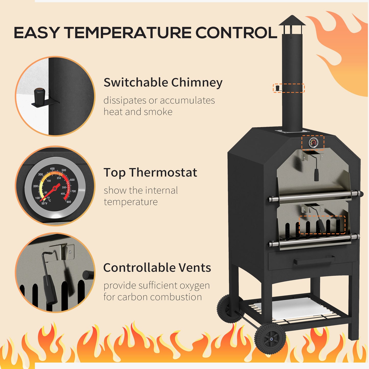 Steel 3-Tier Outdoor Pizza Oven Charcoal BBQ Grill, Black