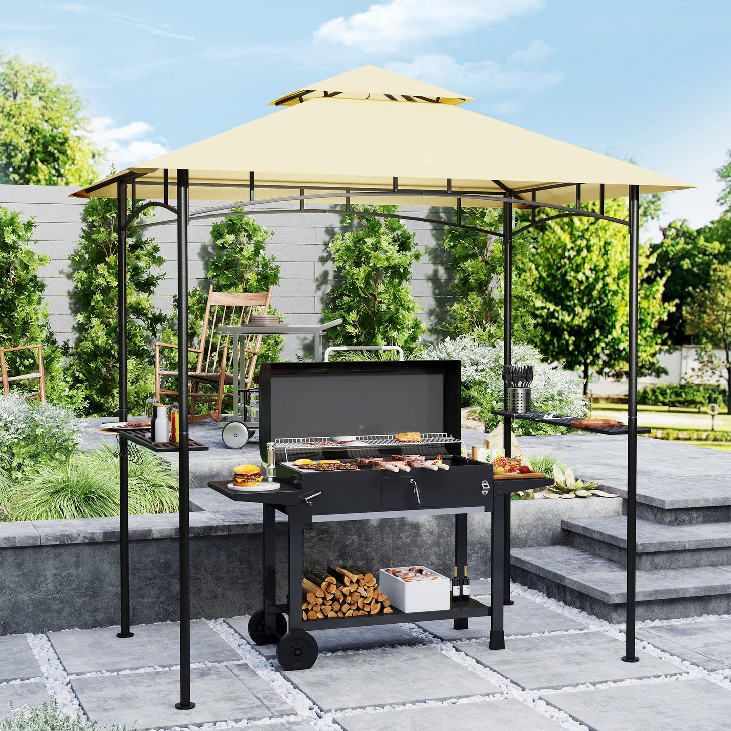 8' x 5' Grill Gazebo, Double Tiered Outdoor BBQ Shelter, Beige