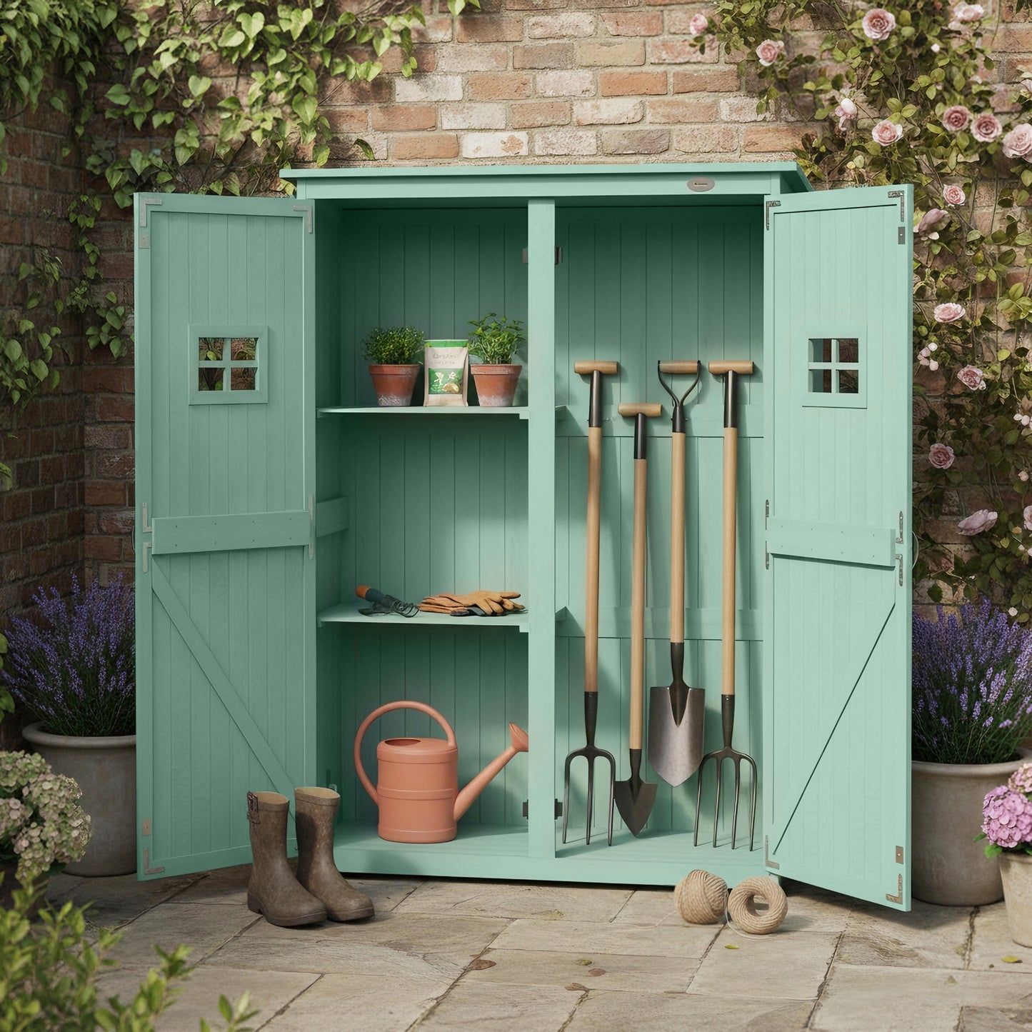 Wooden Garden Shed Tool Storage Cabinet Double Door Shelf Green