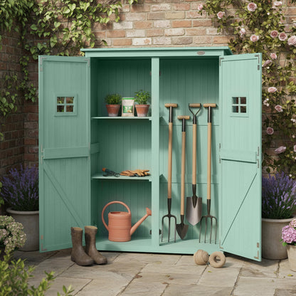 Wooden Garden Shed Tool Storage Cabinet Double Door Shelf Green