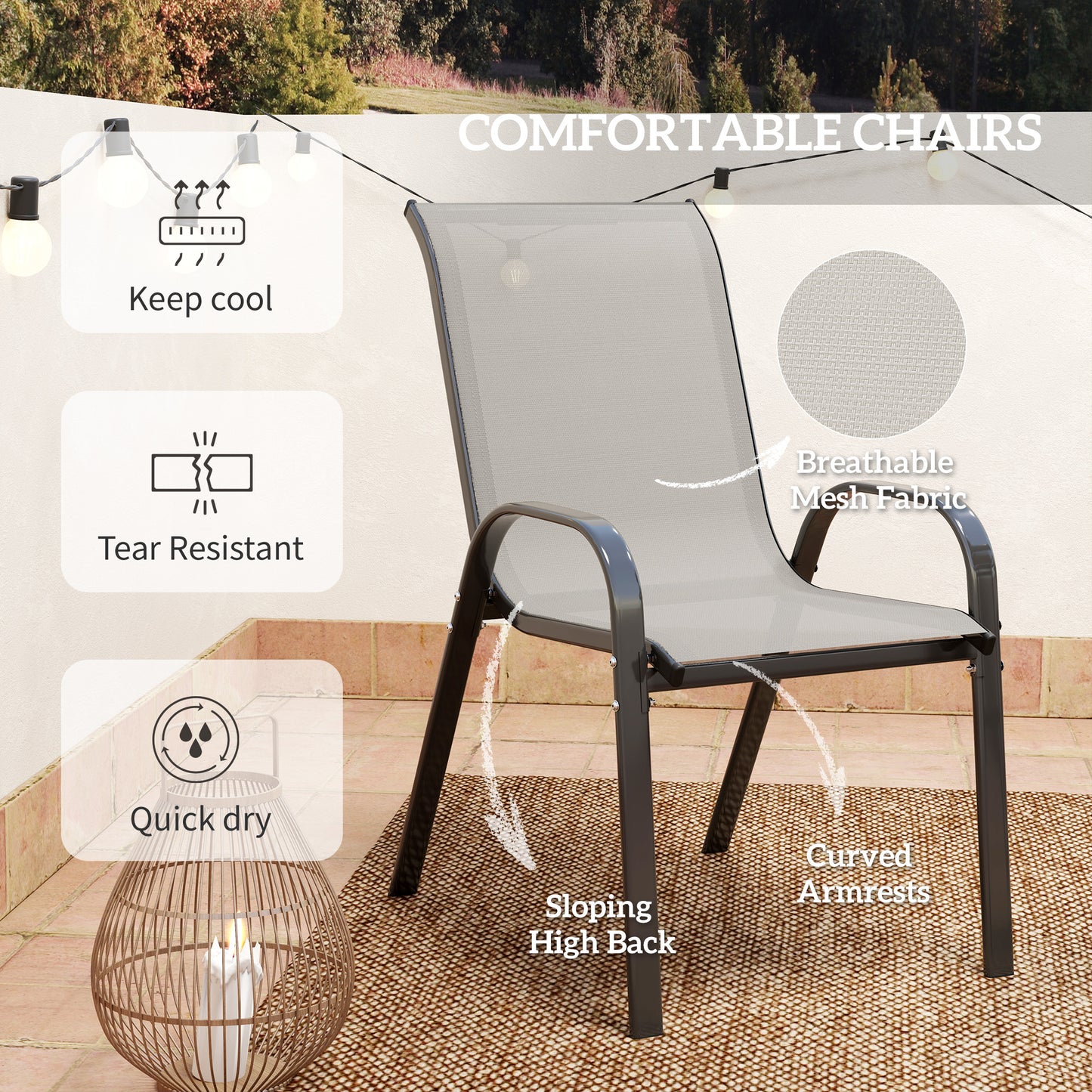 Garden Bistro Set, Small Garden Set w/ Stackable Chairs, Light Grey