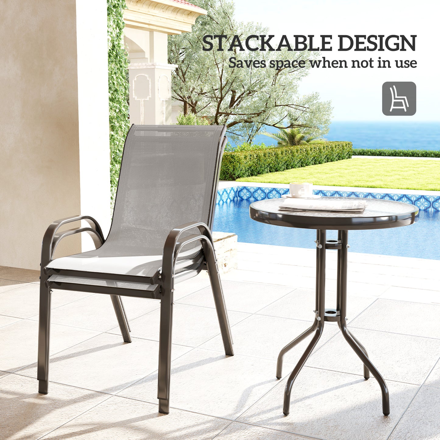 Garden Bistro Set, Small Garden Set w/ Stackable Chairs, Light Grey