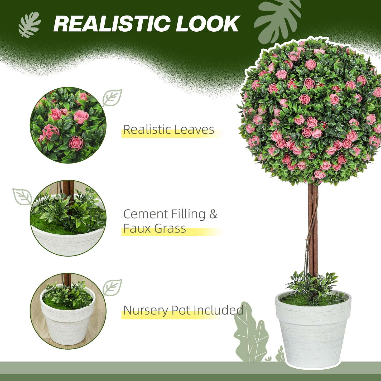 Set of 2 Artificial Plants with Rose Flower in Pot, 60cm, Pink