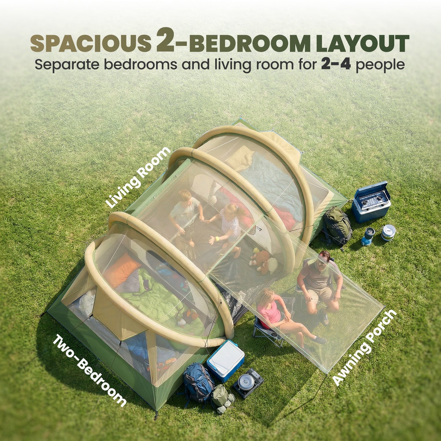Inflatable Tent 3000mm Waterproof for 4 Person, Green