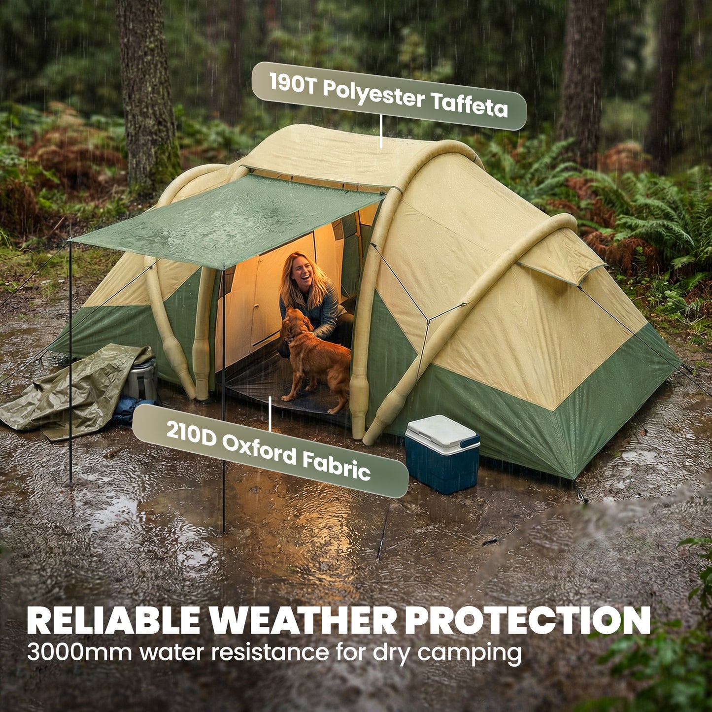 Inflatable Tent 3000mm Waterproof for 4 Person, Green