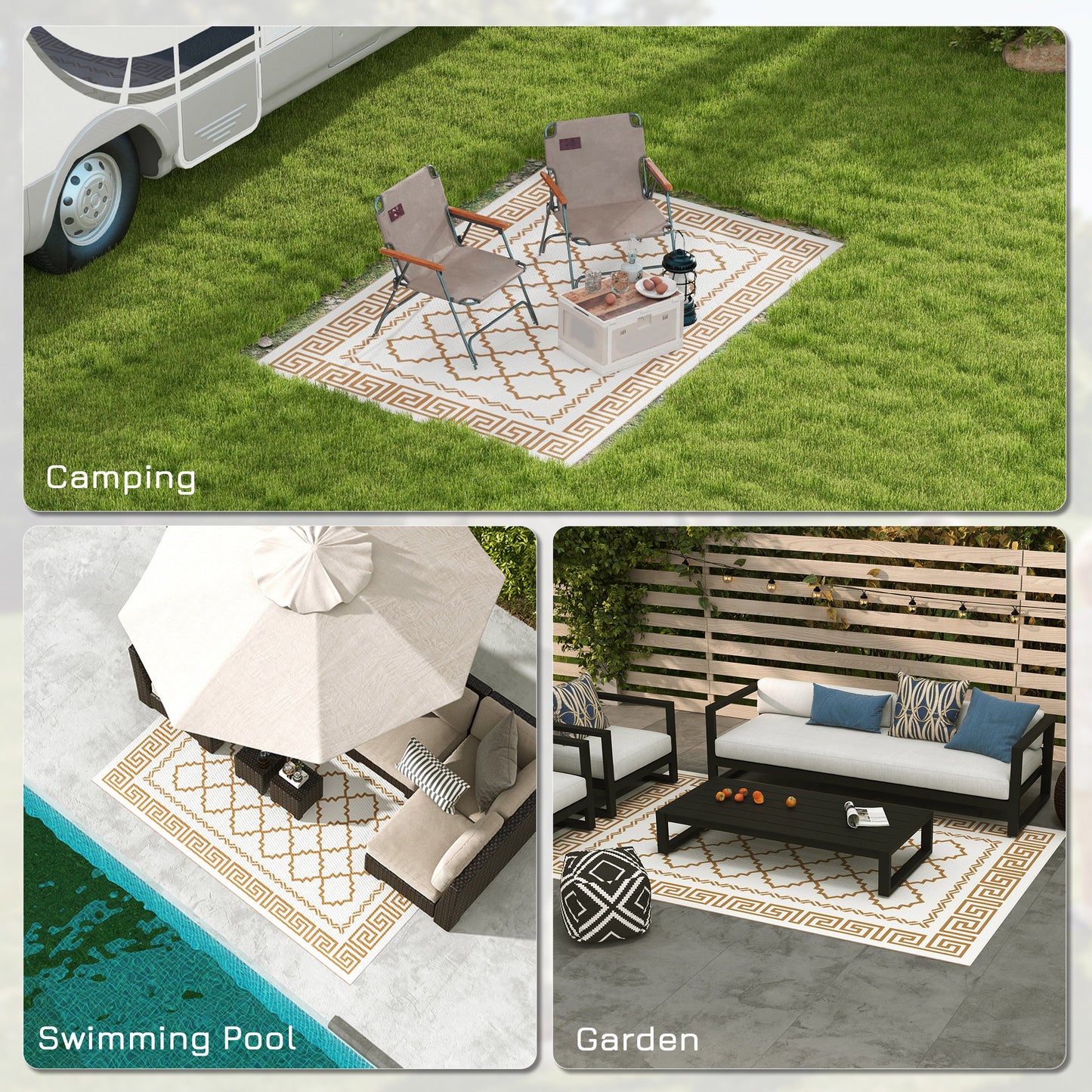 Reversible Waterproof Outdoor Rug W/ Carry Bag, 182 x 274cm, Brown