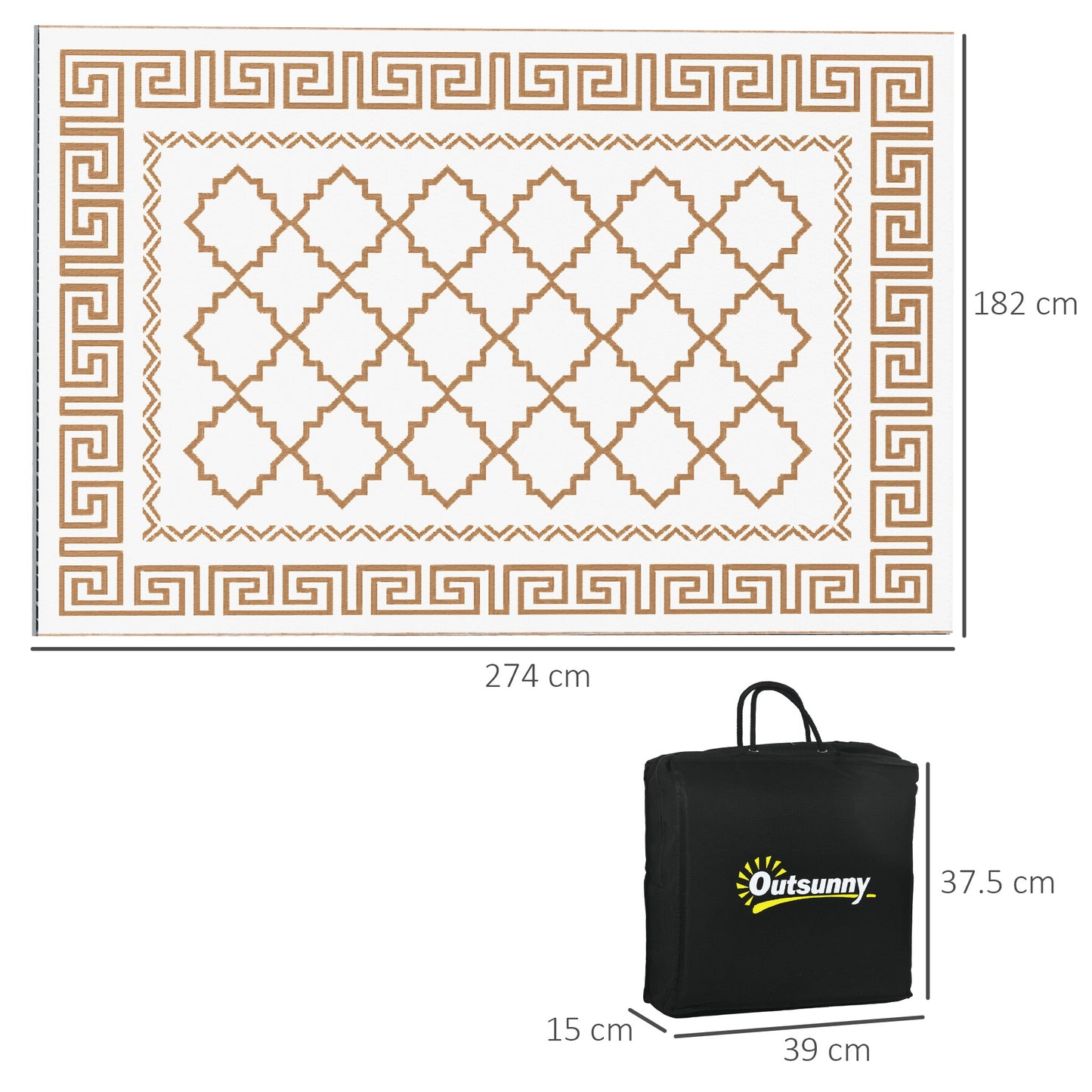 Reversible Waterproof Outdoor Rug W/ Carry Bag, 182 x 274cm, Brown