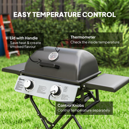 Portable Foldable Gas Barbecue Grill with Thermometer, Lid, Black