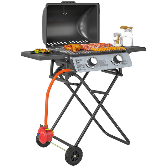 Portable Foldable Gas Barbecue Grill with Thermometer, Lid, Black
