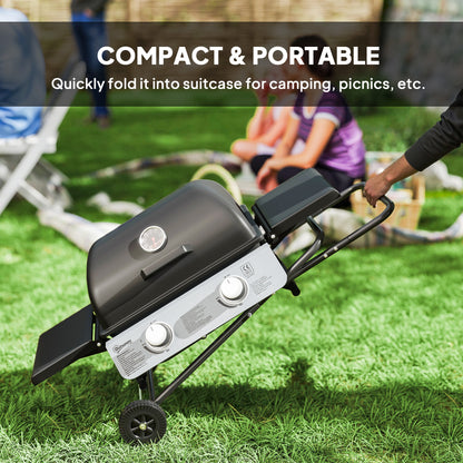 Portable Foldable Gas Barbecue Grill with Thermometer, Lid, Black