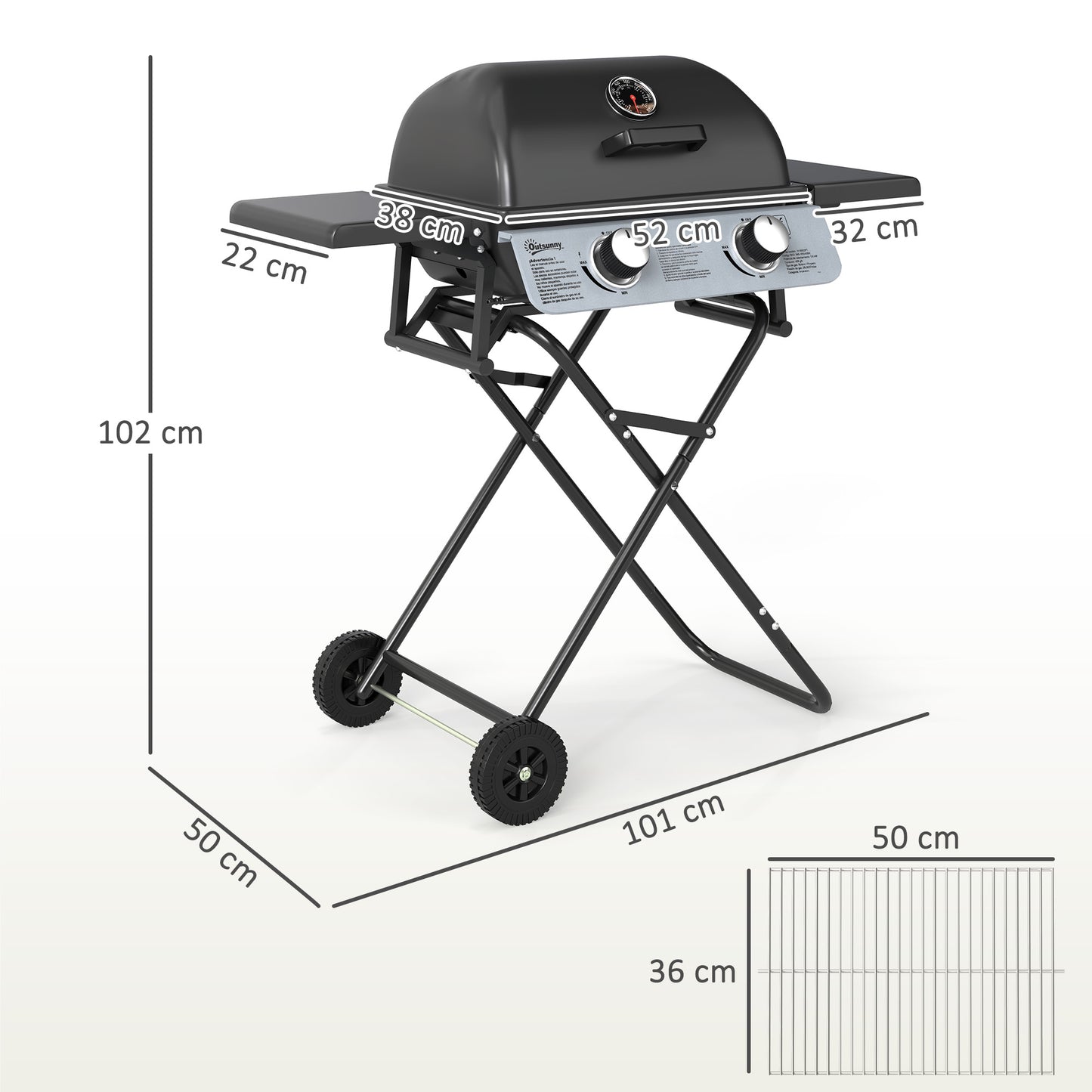 Portable Foldable Gas Barbecue Grill with Thermometer, Lid, Black