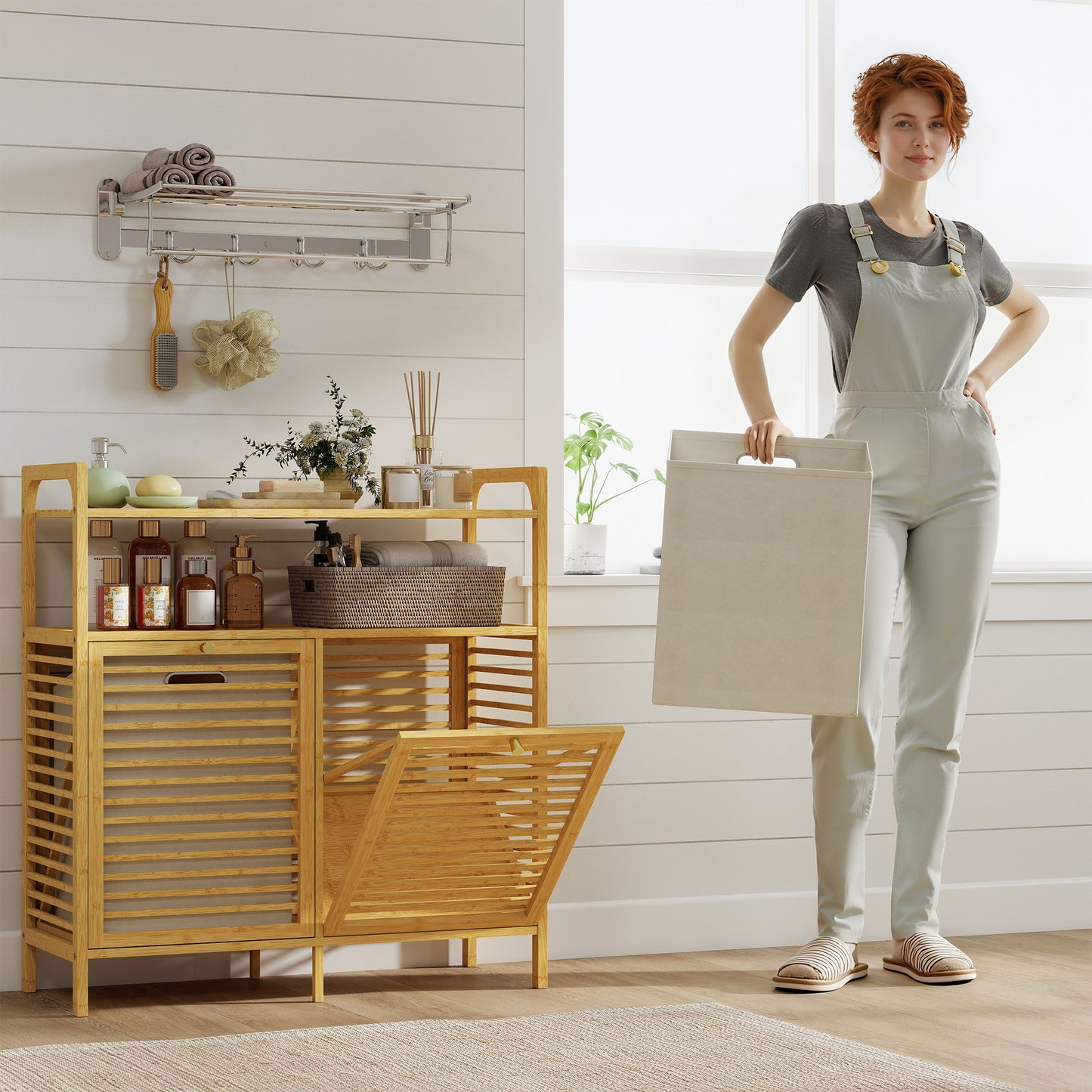 Double Tilt Out Laundry Cabinet Bamboo Laundry Hamper Cabinet