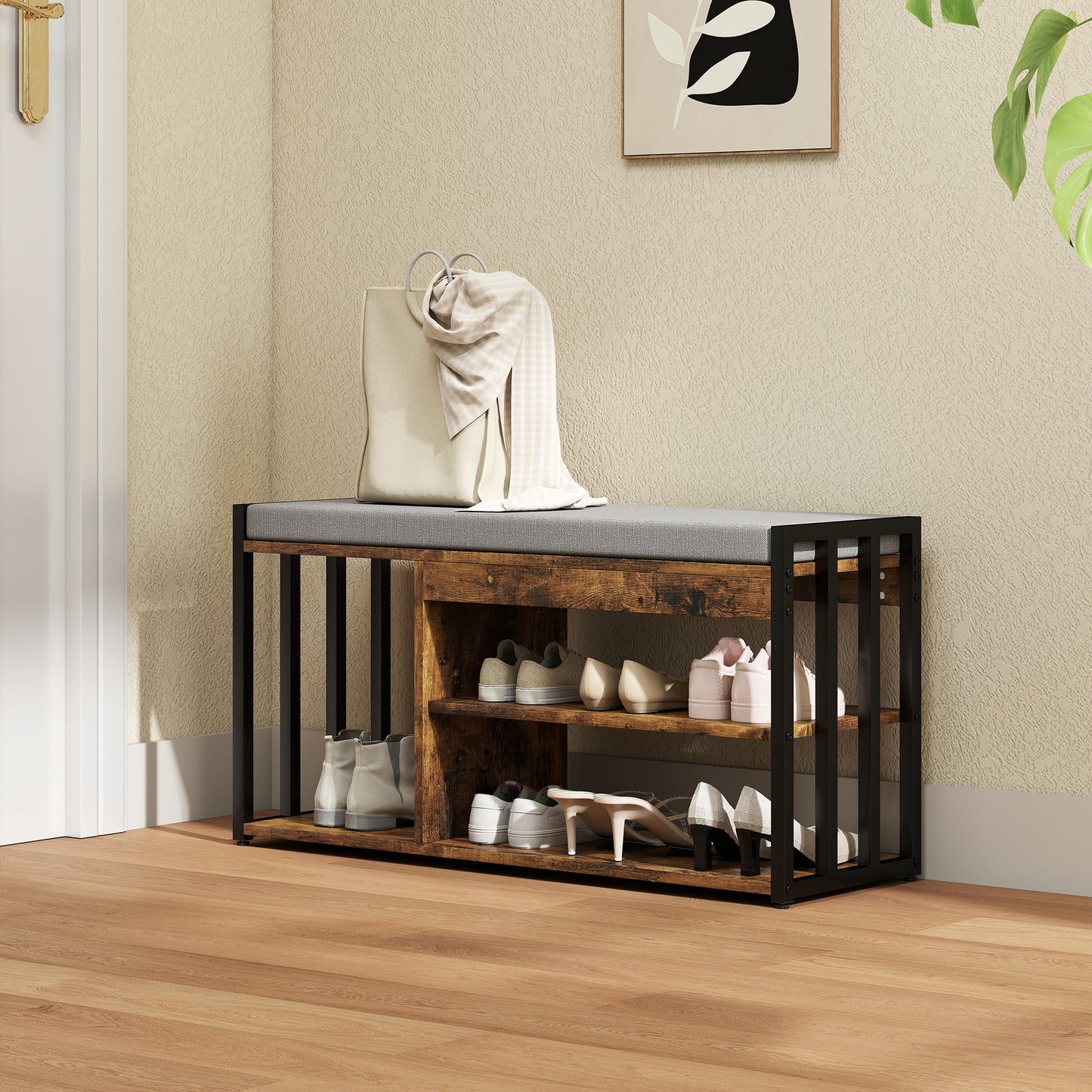 Upholstered Entryway Shoe Bench with Storage Shelves, Rustic Brown