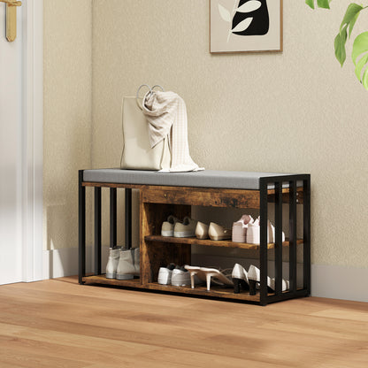 Upholstered Entryway Shoe Bench with Storage Shelves, Rustic Brown