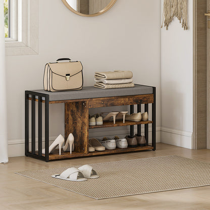 Upholstered Entryway Shoe Bench with Storage Shelves, Rustic Brown