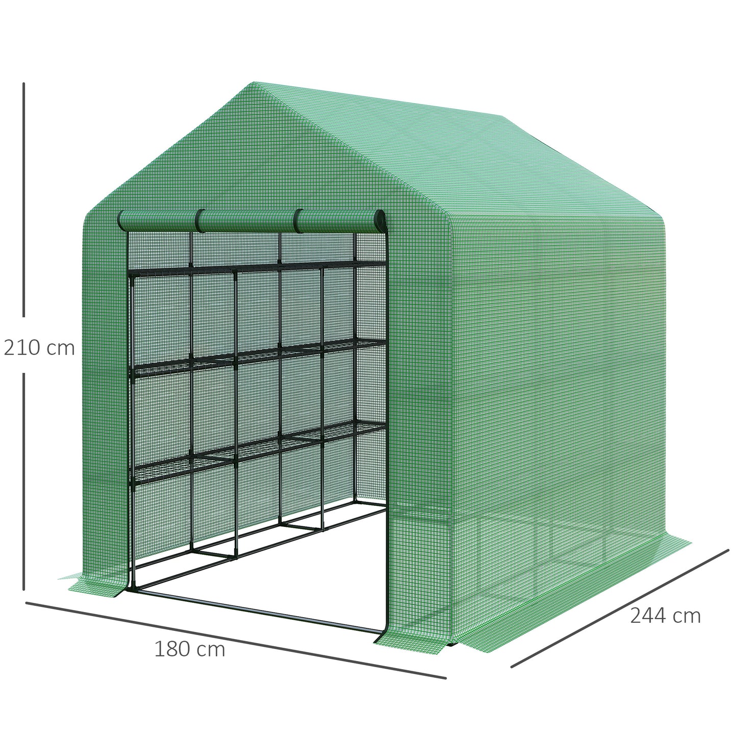 Walk-in Greenhouse with 4 Tier 24 Shelves, Portable Grow House with Roll-up Door, 244 x 180 x 210cm, Green