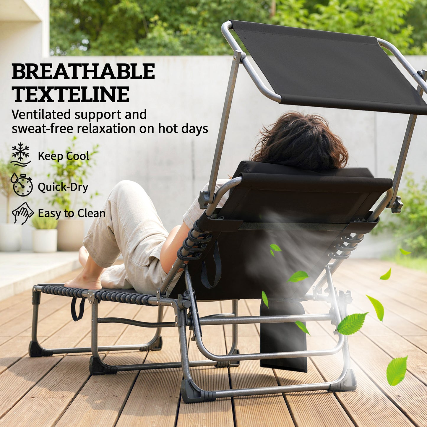 Folding Sun Loungers Set of 2, Sun Bed with Canopy, Dark Blue