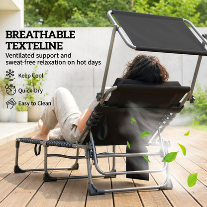 Folding Sun Loungers Set of 2, Sun Bed with Canopy, Dark Blue