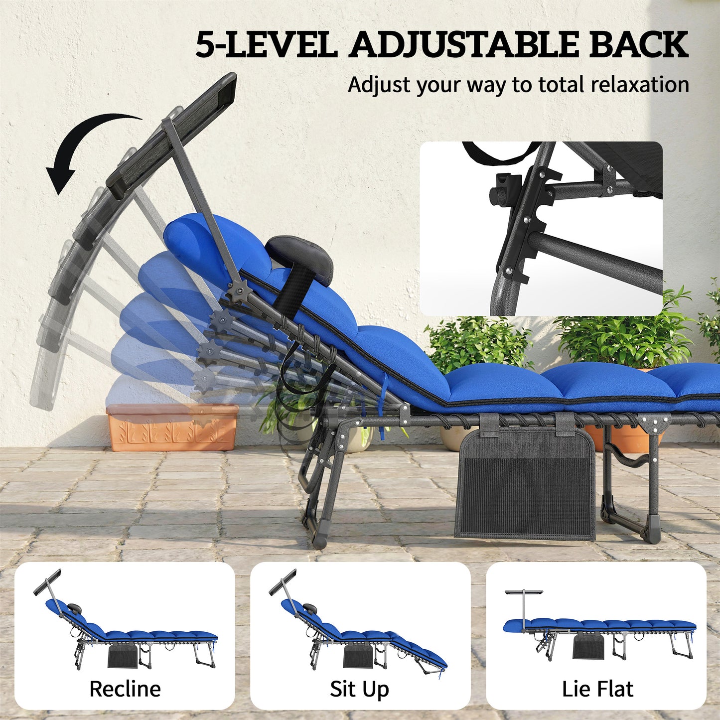 Folding Sun Loungers Set of 2, Sun Bed with Canopy, Dark Blue