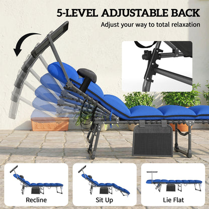 Folding Sun Loungers Set of 2, Sun Bed with Canopy, Dark Blue