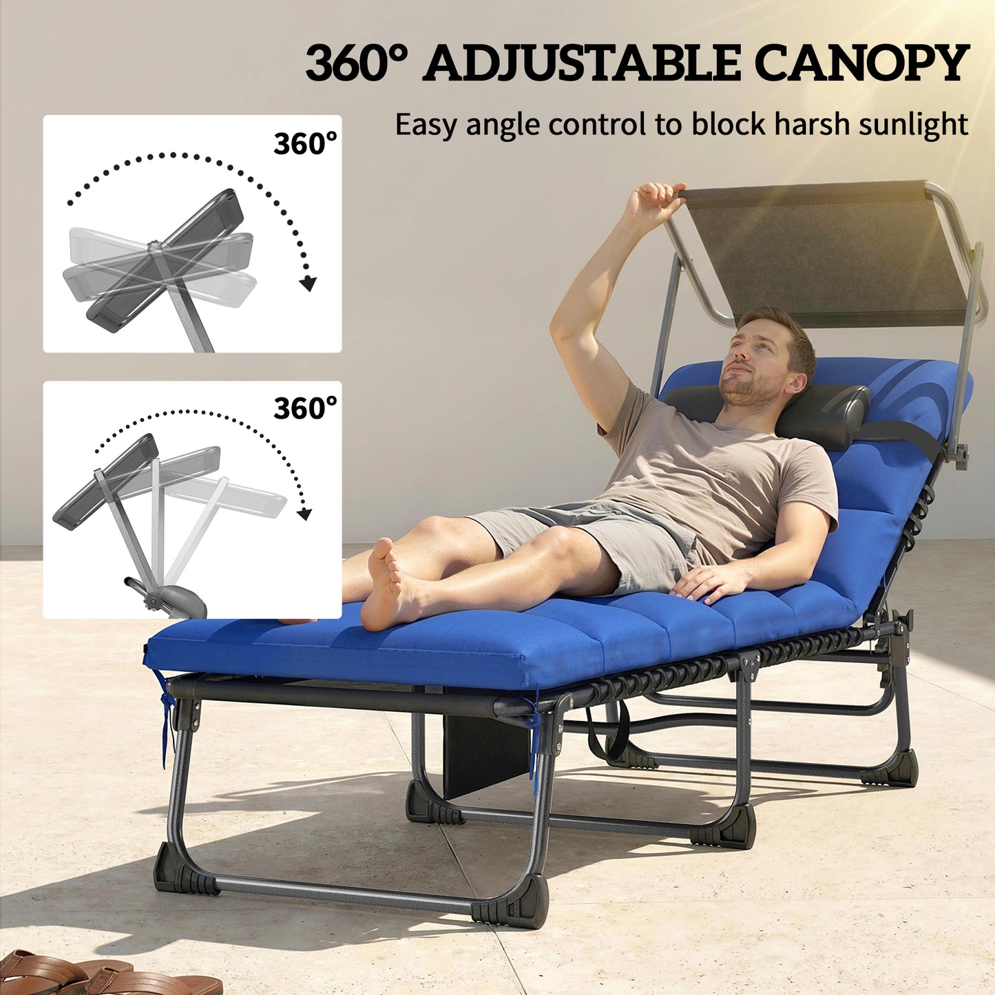 Folding Sun Loungers Set of 2, Sun Bed with Canopy, Dark Blue