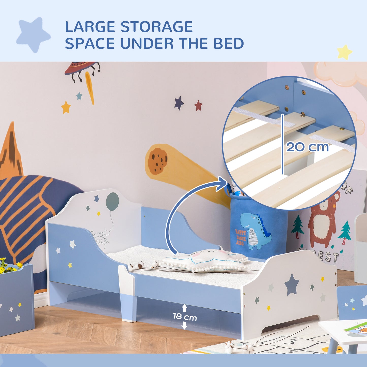 Kids Star Balloon Single Bed Frame w/ Guardrails Slats Bedroom Furniture