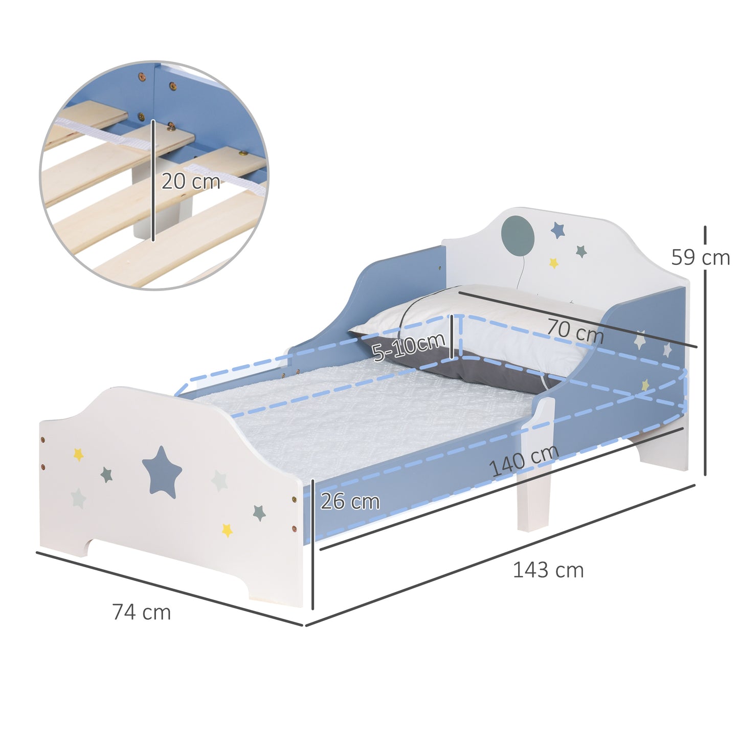 Kids Star Balloon Single Bed Frame w/ Guardrails Slats Bedroom Furniture