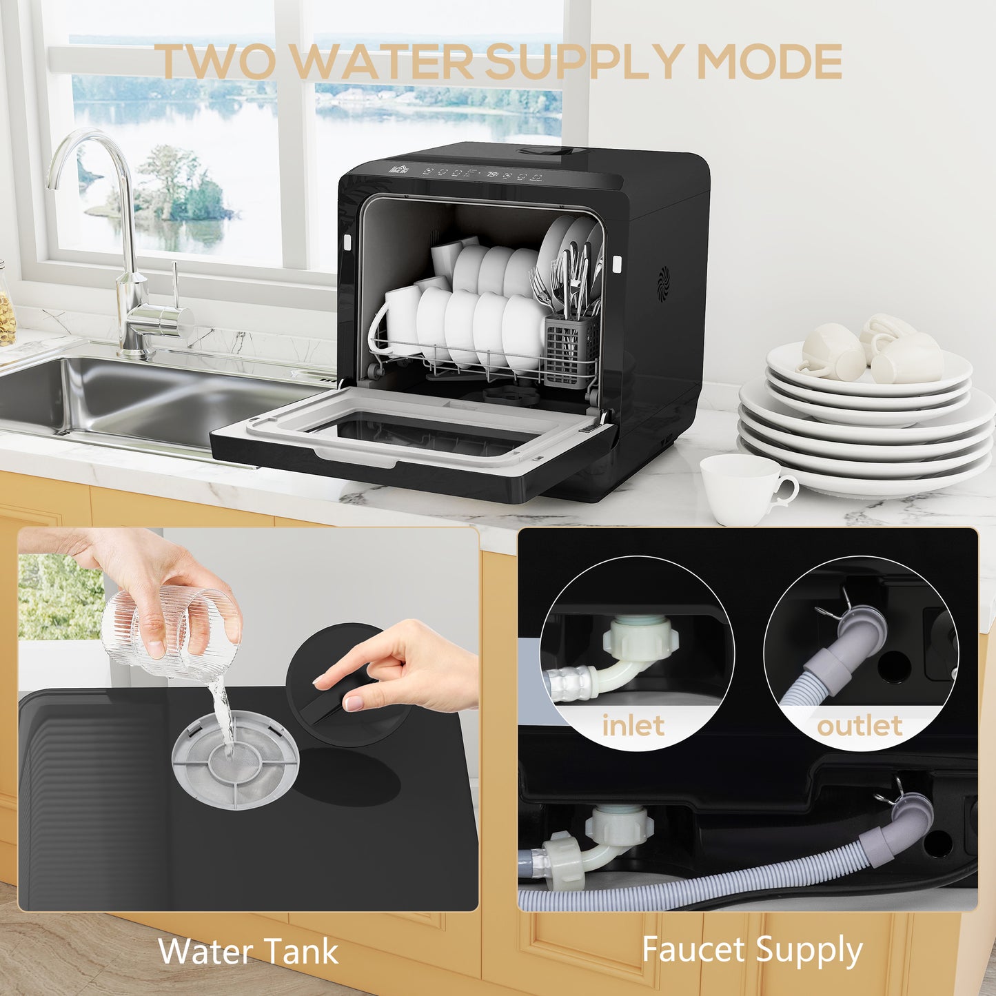 Worktop Dishwasher w/ 4 Place Settings 6 Programs, Black